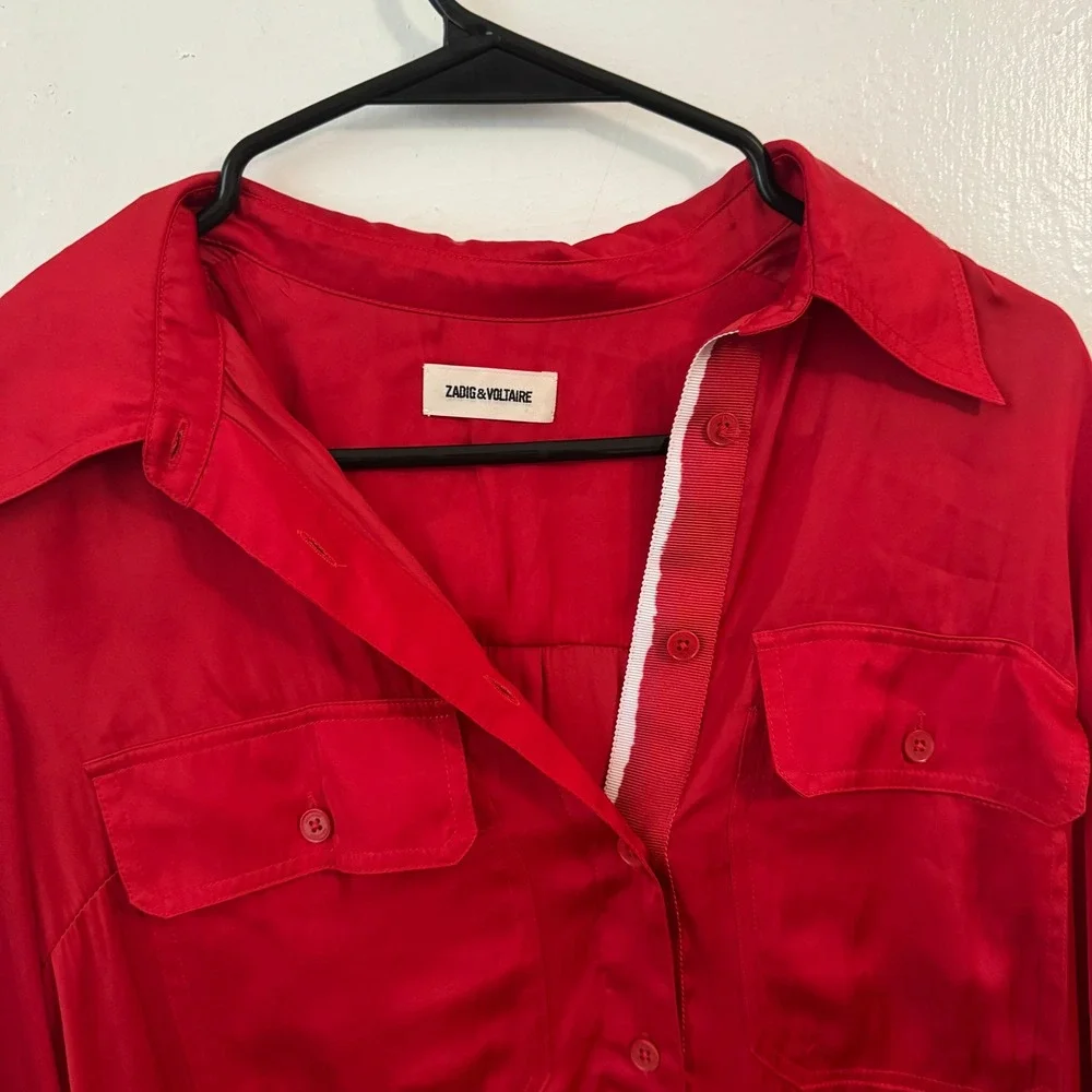 Zadig‎ & Voltaire Red Silk Button Front Shirt Dress Long Sleeve Mini Dress